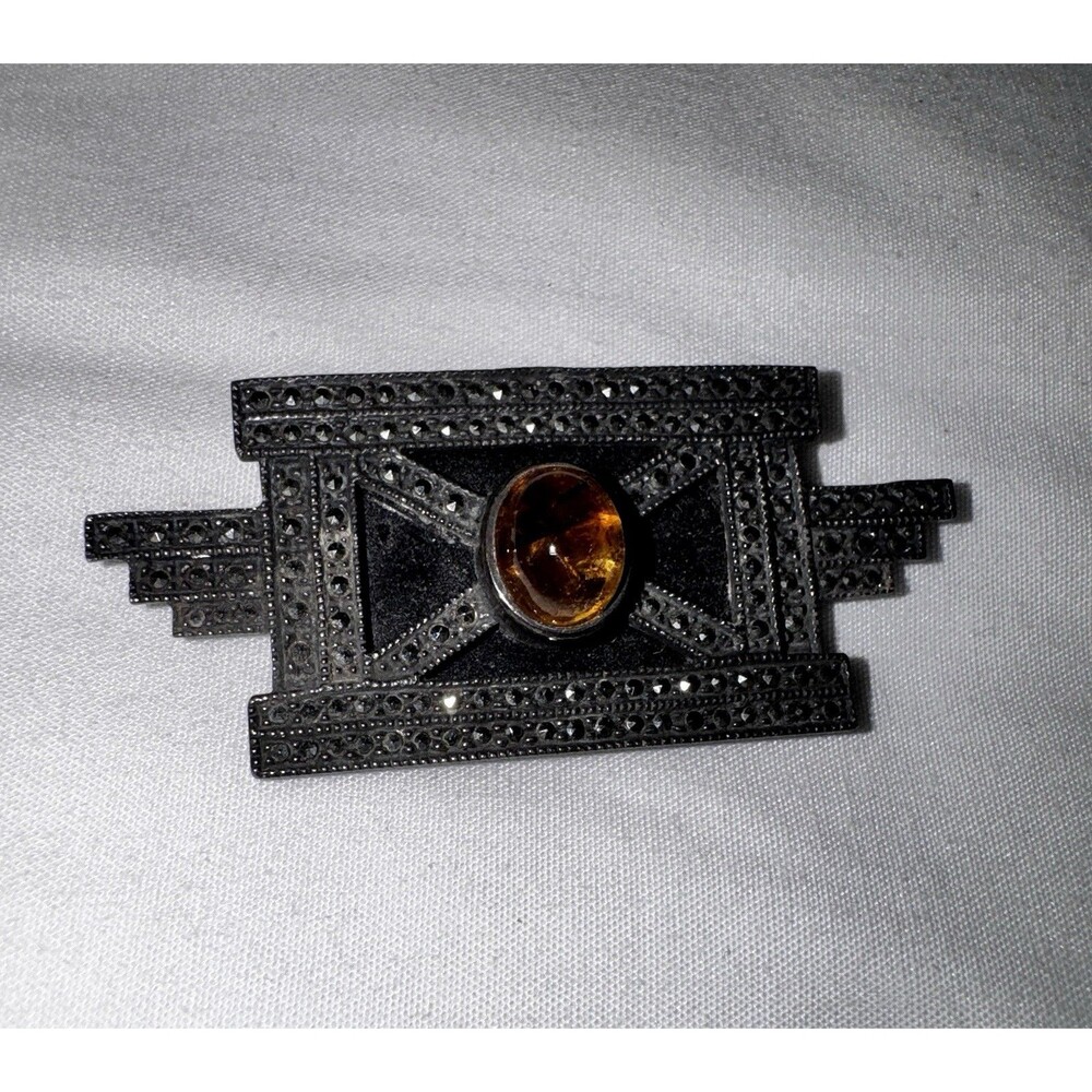 Vintage Art Deco Sterling Silver Marcasite Onyx Amber Cabochon Brooch Pin